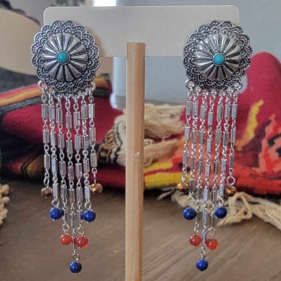 Jewelry - New Conch Blue Bead Western Cowboy Silver Tone Dangle Earrings